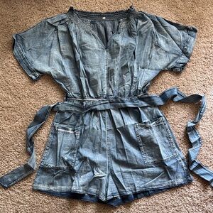 Casual Denim Romper with Elastic Detail